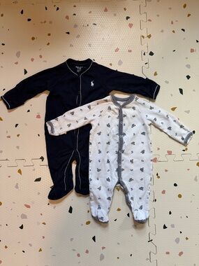 Ralph Lauren Navy and Teddy Print Footed Baby Onesies